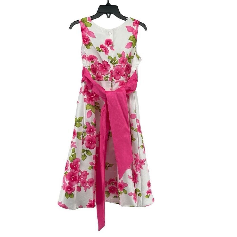Emily West Girls Pink Green Floral Sleeveless Belted Formal A-Line Dress Size 7 - Picture 3 of 14